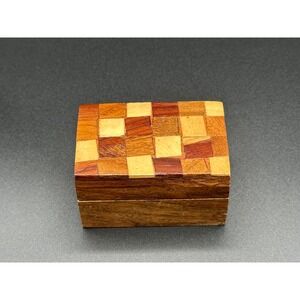 Handmade Wooden Trinket Box Checkered Parquetry Lid Small Vintage Jewelry Case